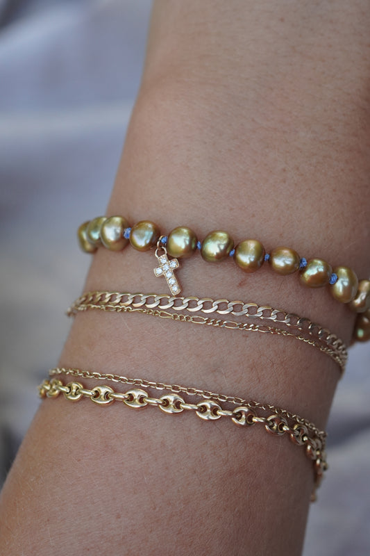 Carry the Cross Bracelet - No. 3 Green Pearl, Periwinkle, 14k Yellow Gold 7 inches