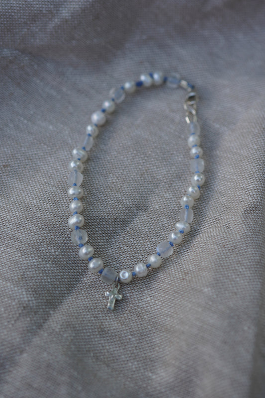 Carry the Cross Bracelet - No. 7 Pearl, Moonstone, Periwinkle Silk, Sterling Silver 6.75 Inches