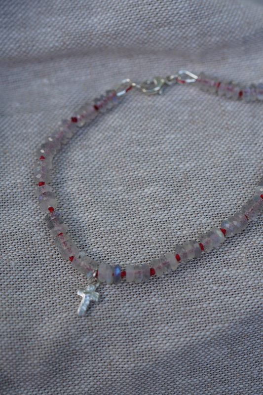 Carry the Cross Bracelet - No. 8 Labradorite, Red Silk, Sterling Silver 6.25 inches (XS)