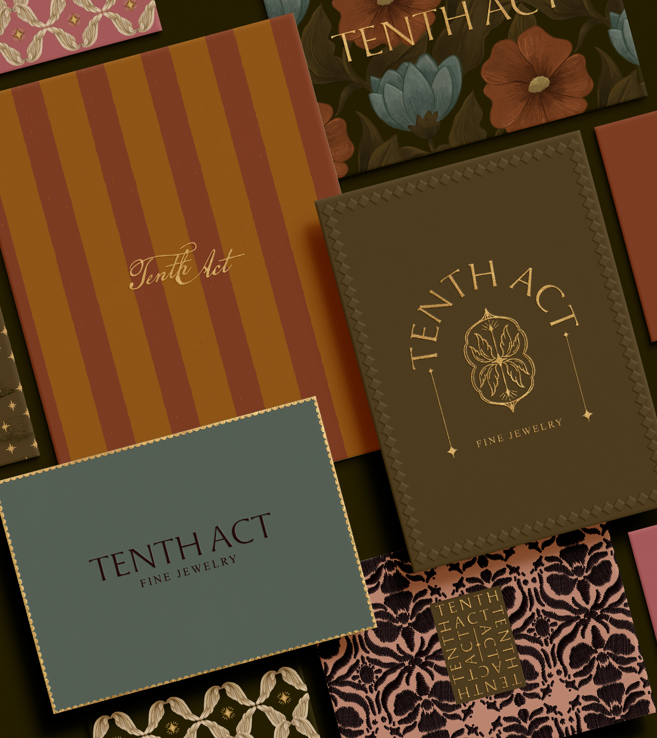 Collection of 'Tenth Act' jewelry brand elements with various designs and colors.