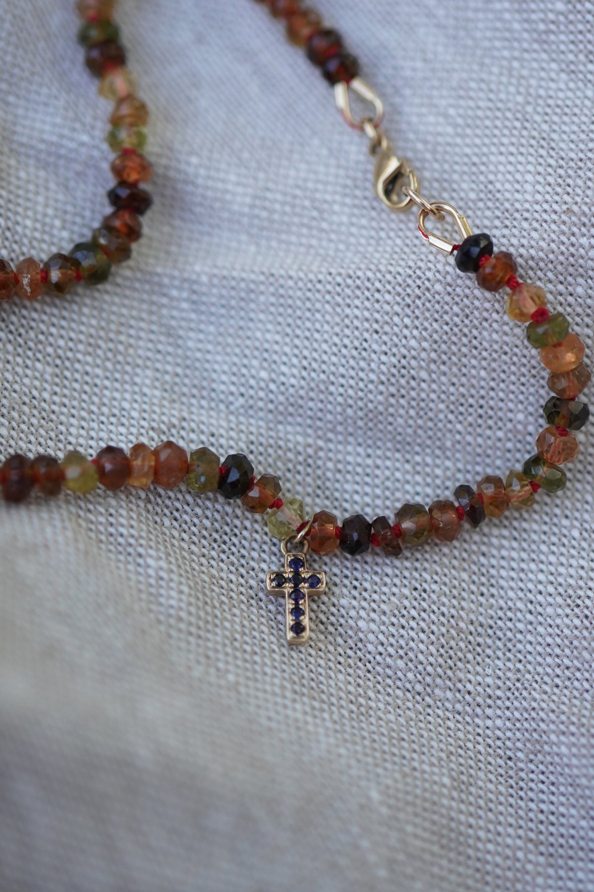 Carry the Cross Bracelet - No. 1  Tourmaline, Red Silk, and 14k Yellow Gold 7.5 inches
