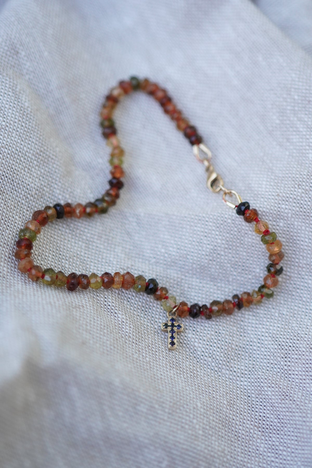 Carry the Cross Bracelet - No. 1  Tourmaline, Red Silk, and 14k Yellow Gold 7.5 inches