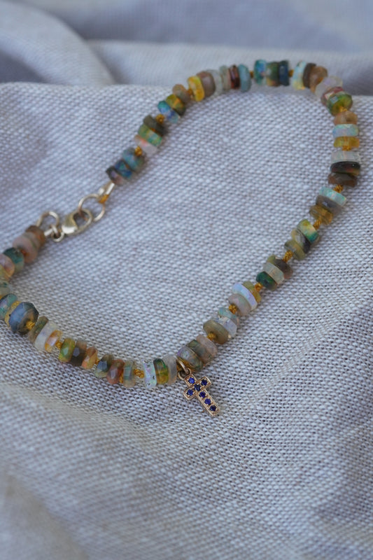 Carry the Cross Bracelet - No. 2 Opal, Mustard, 14k Yellow Gold 6.75 inches