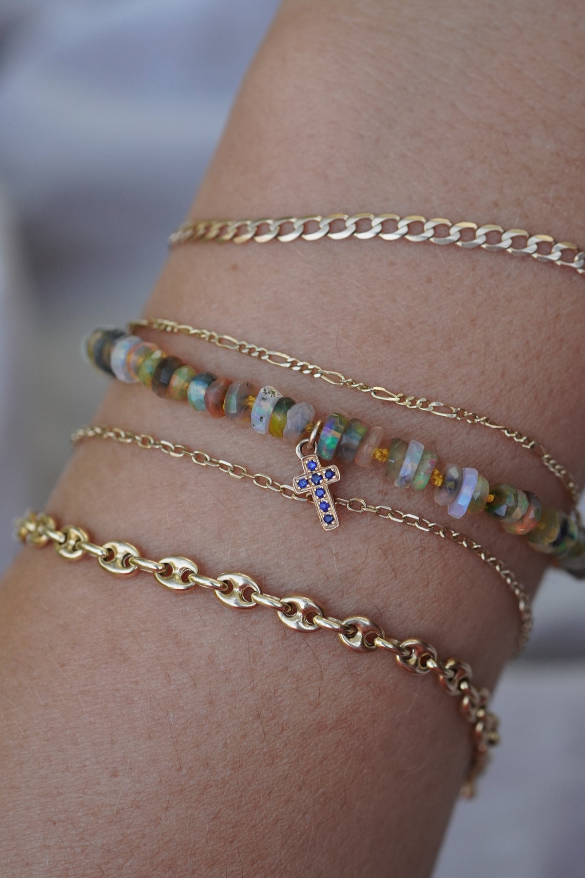 Carry the Cross Bracelet - No. 2 Opal, Mustard, 14k Yellow Gold 6.75 inches