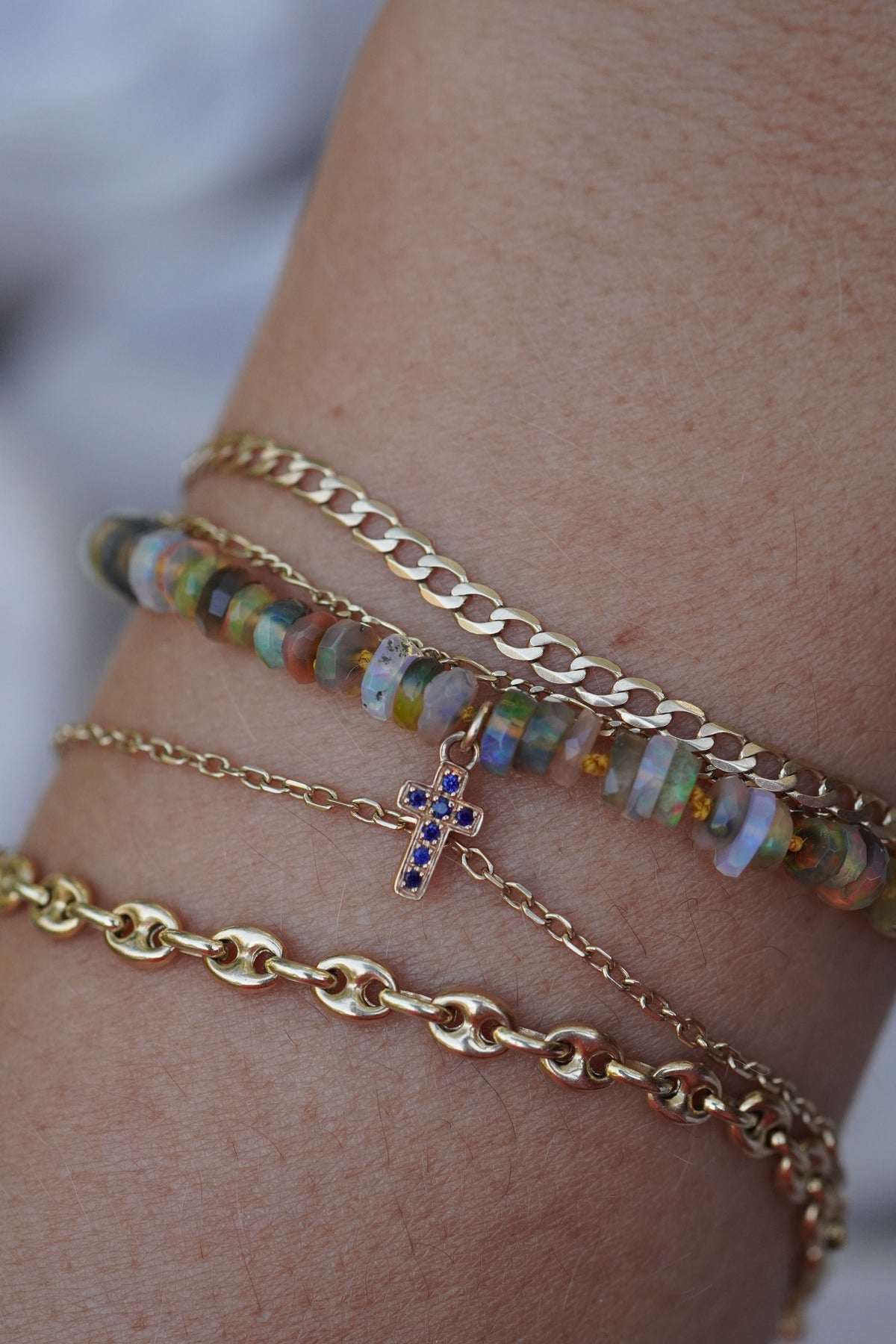 Carry the Cross Bracelet - No. 2 Opal, Mustard, 14k Yellow Gold 6.75 inches