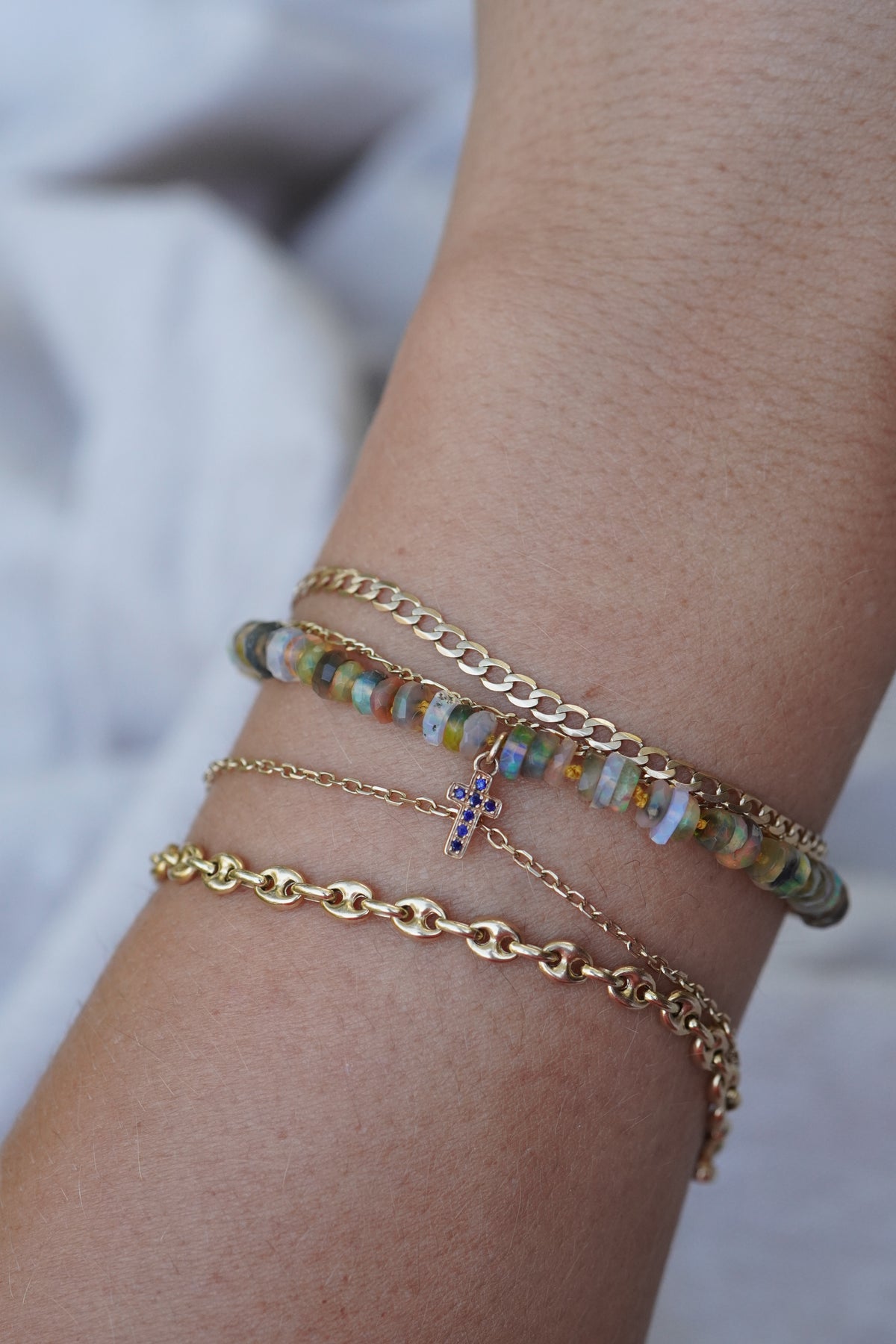 Carry the Cross Bracelet - No. 2 Opal, Mustard, 14k Yellow Gold 6.75 inches