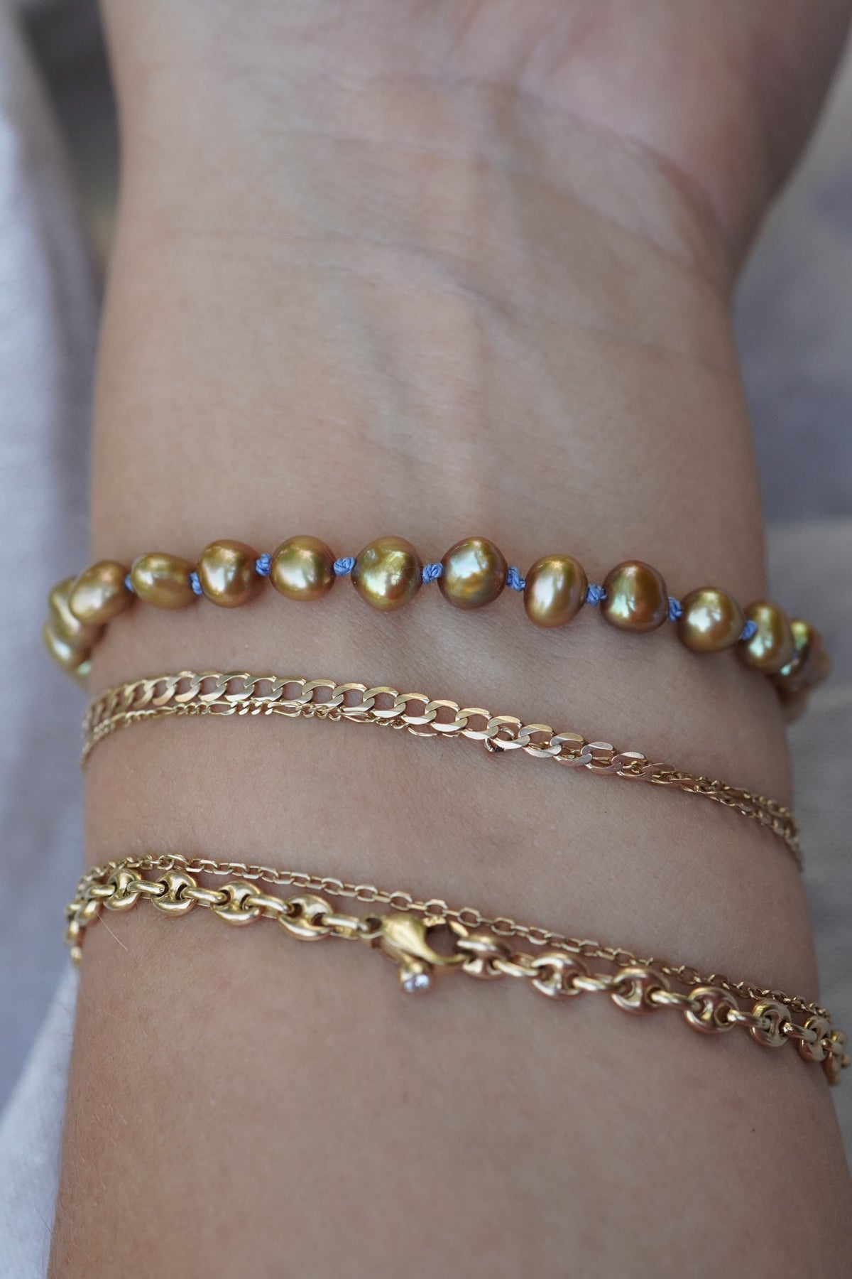 Carry the Cross Bracelet - No. 3 Green Pearl, Periwinkle, 14k Yellow Gold 7 inches
