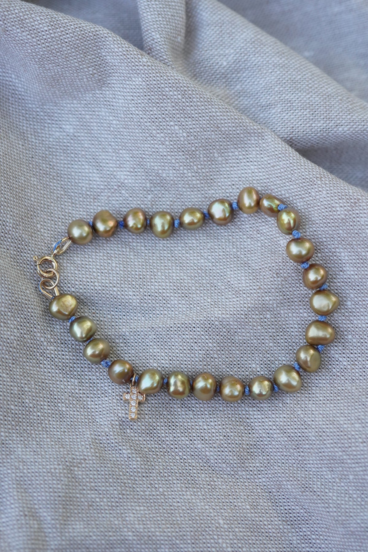Carry the Cross Bracelet - No. 3 Green Pearl, Periwinkle, 14k Yellow Gold 7 inches