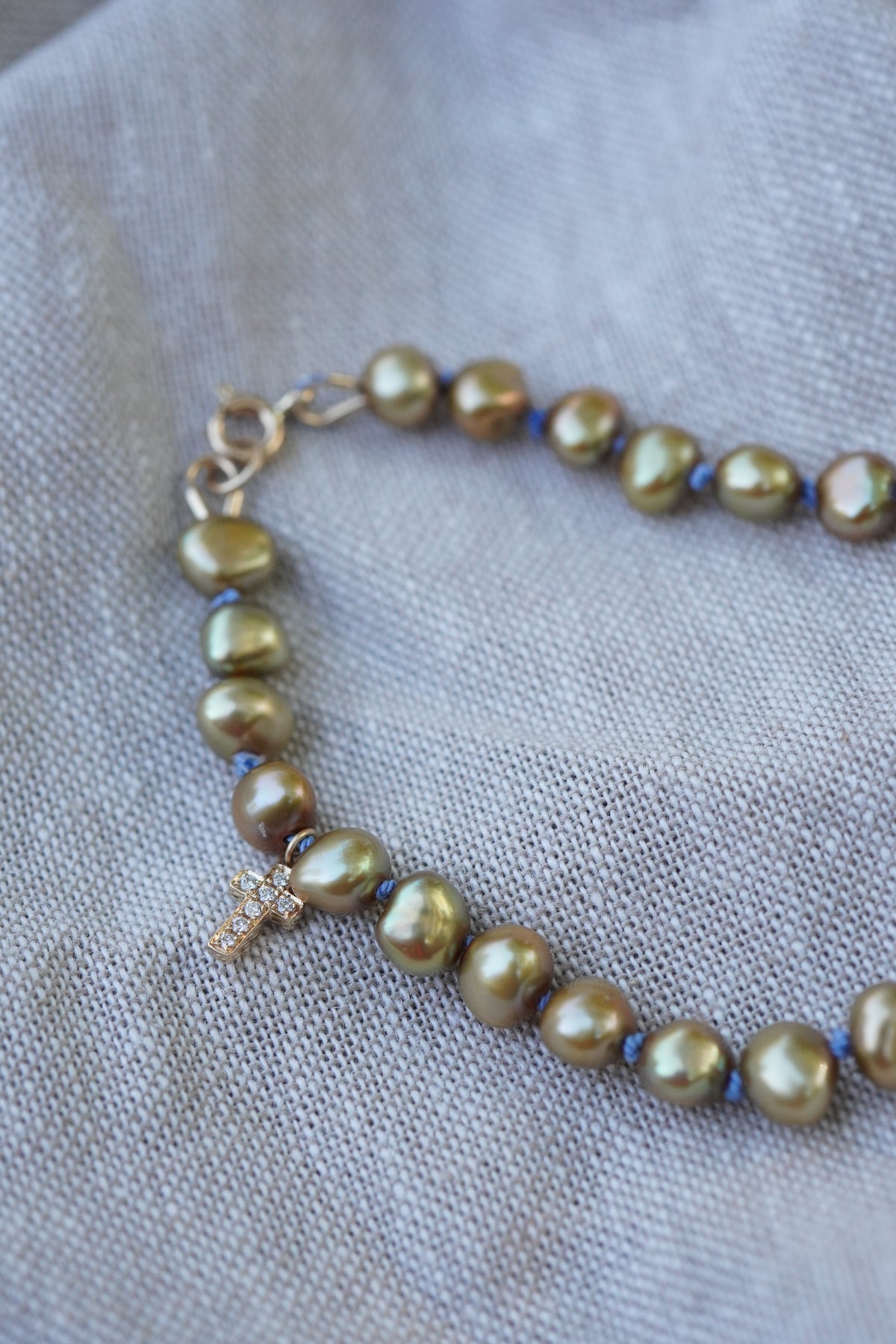 Carry the Cross Bracelet - No. 3 Green Pearl, Periwinkle, 14k Yellow Gold 7 inches