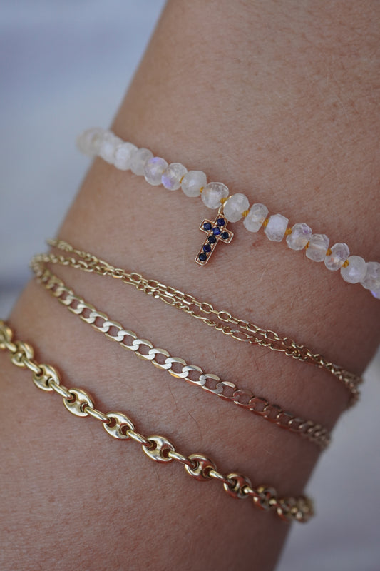 Carry the Cross Bracelet - No. 4 Moonstone, Mustard Silk, 14k Yellow Gold 6.5 inches