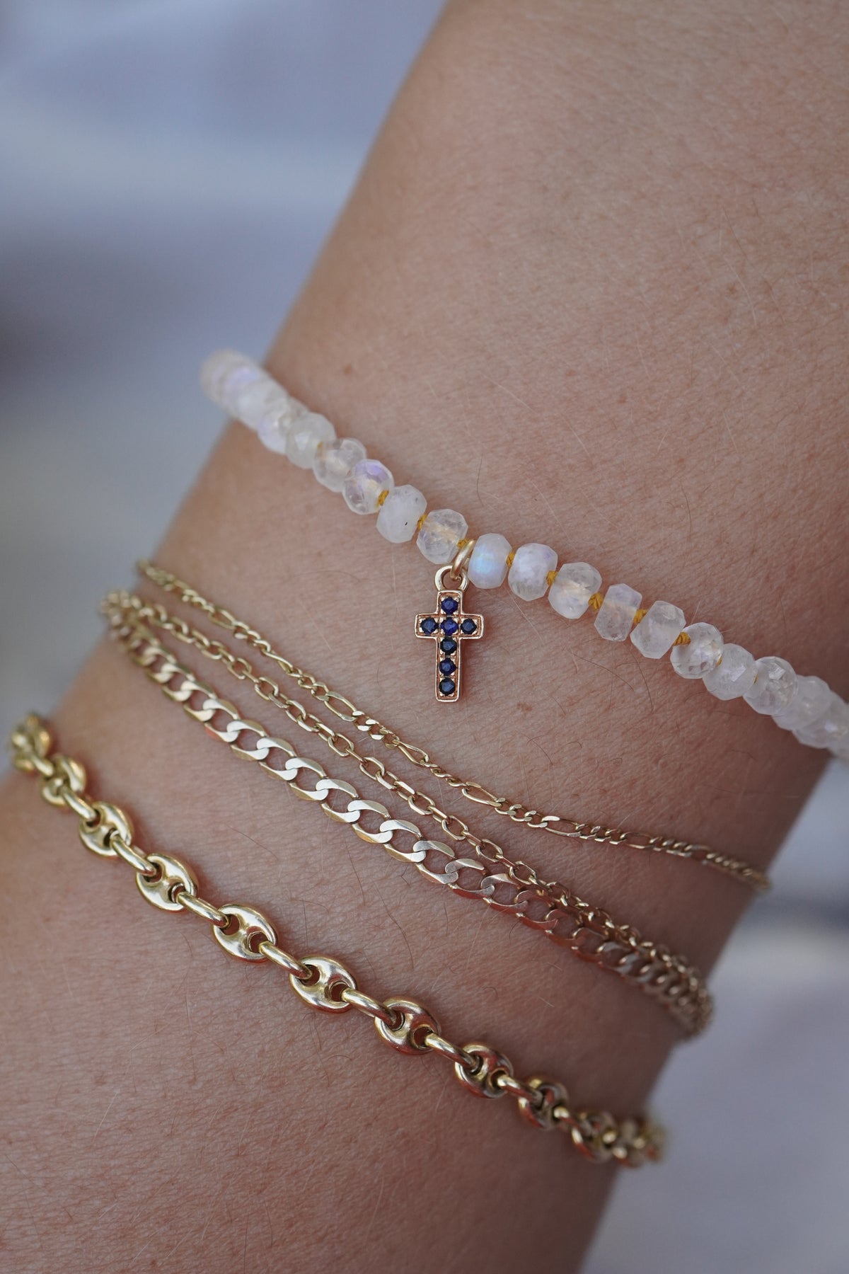 Carry the Cross Bracelet - No. 4 Moonstone, Mustard Silk, 14k Yellow Gold 6.5 inches