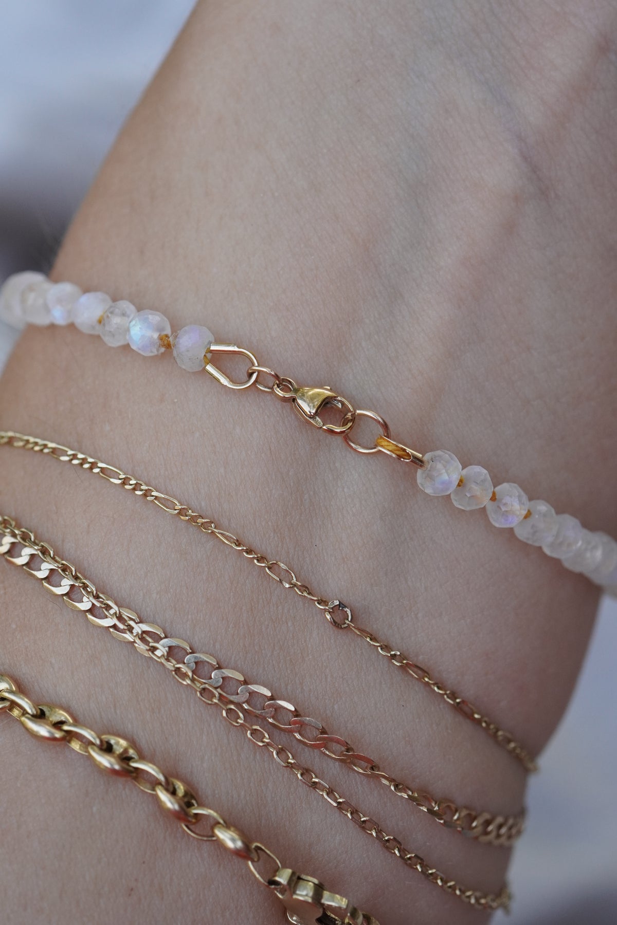 Carry the Cross Bracelet - No. 4 Moonstone, Mustard Silk, 14k Yellow Gold 6.5 inches