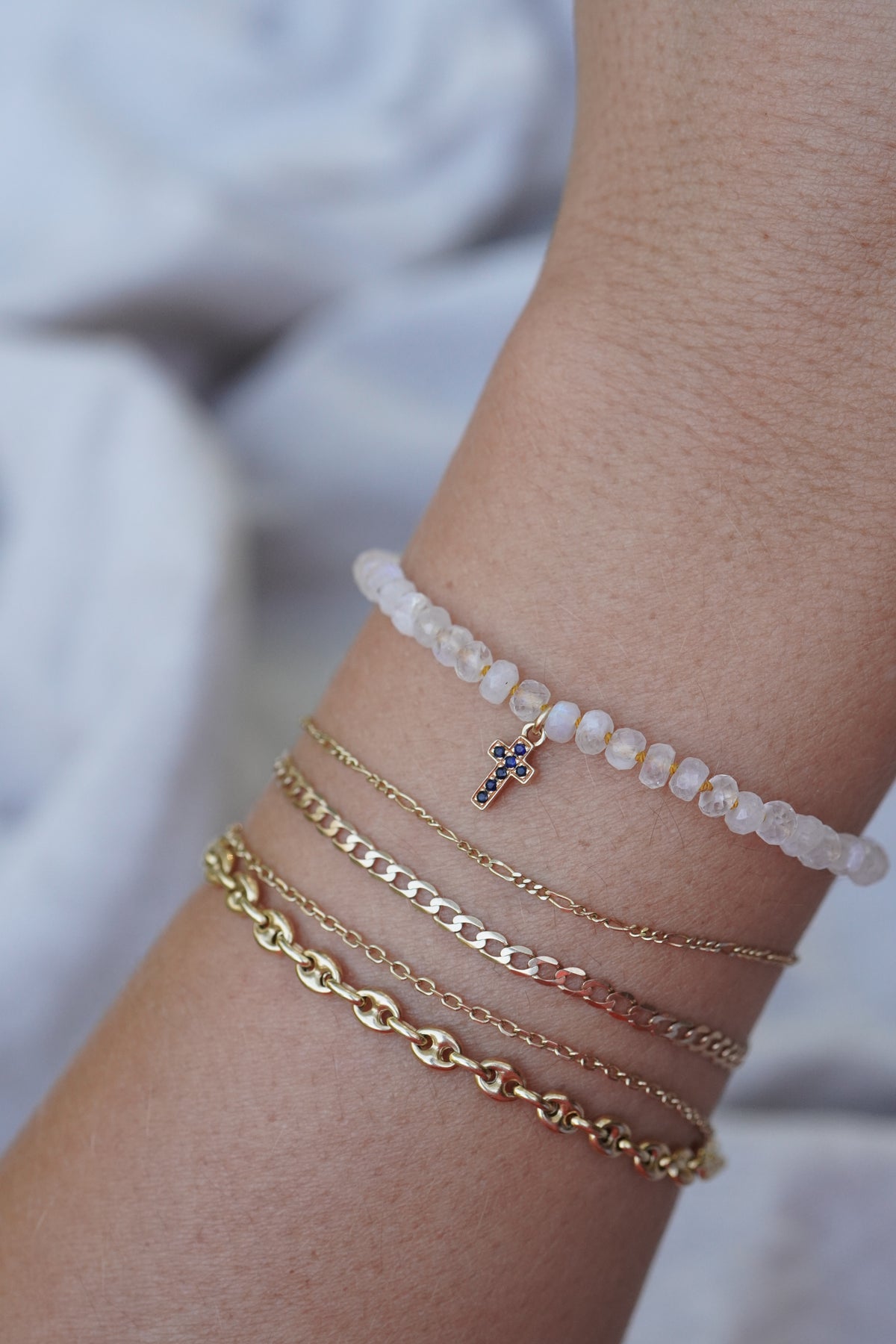 Carry the Cross Bracelet - No. 4 Moonstone, Mustard Silk, 14k Yellow Gold 6.5 inches