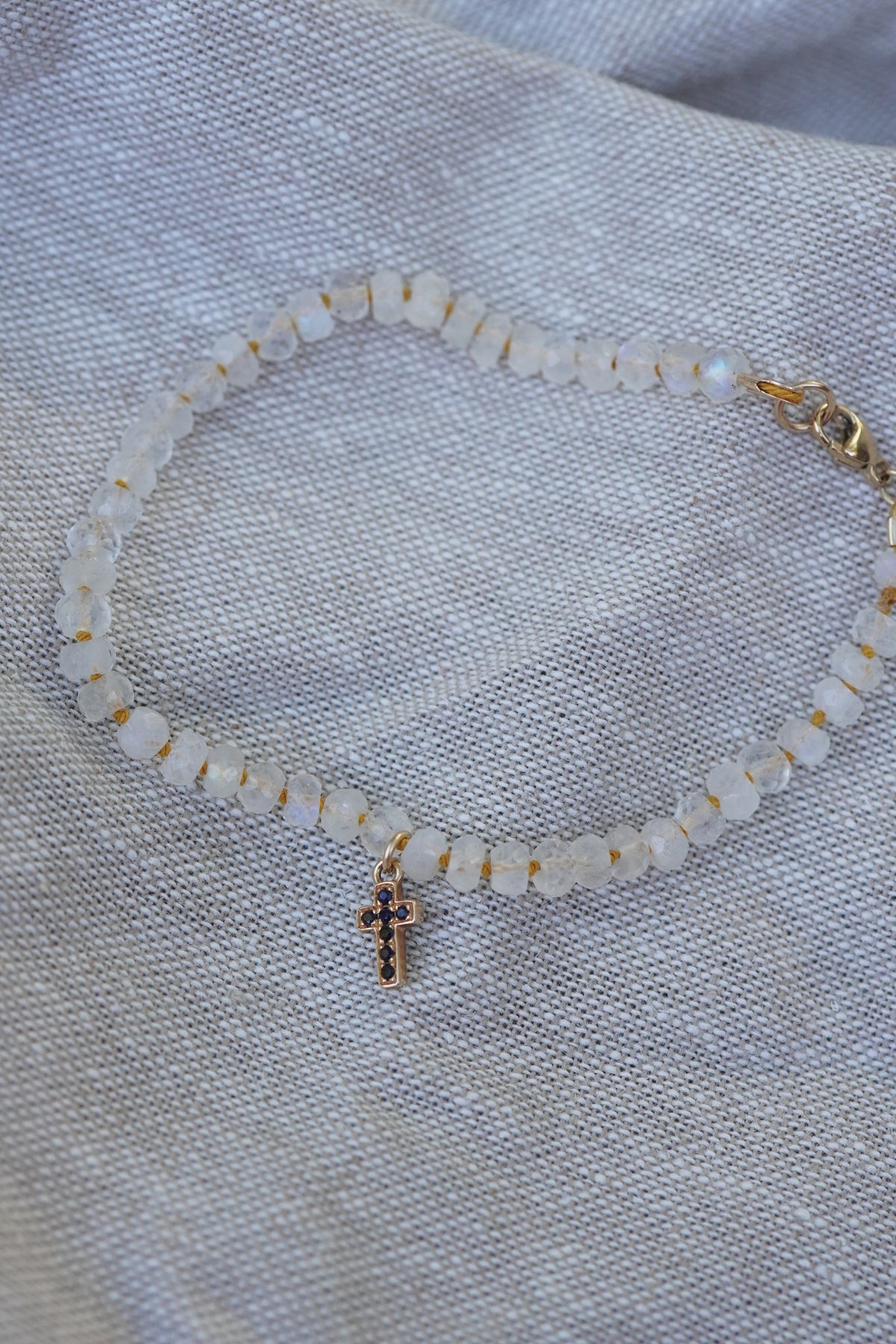 Carry the Cross Bracelet - No. 4 Moonstone, Mustard Silk, 14k Yellow Gold 6.5 inches