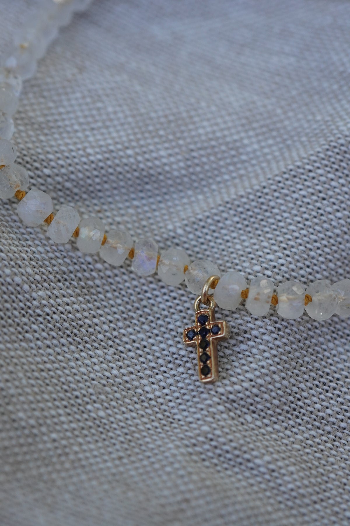 Carry the Cross Bracelet - No. 4 Moonstone, Mustard Silk, 14k Yellow Gold 6.5 inches