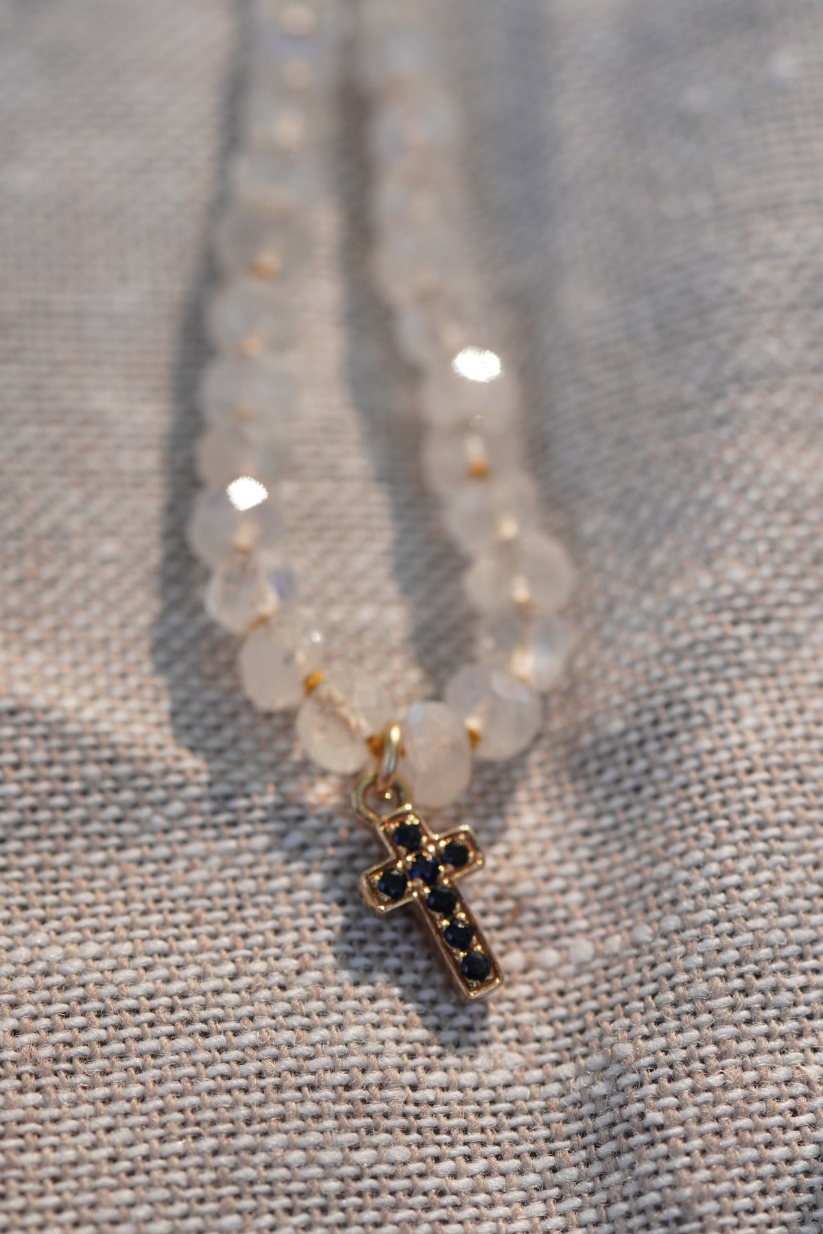 Carry the Cross Bracelet - No. 4 Moonstone, Mustard Silk, 14k Yellow Gold 6.5 inches