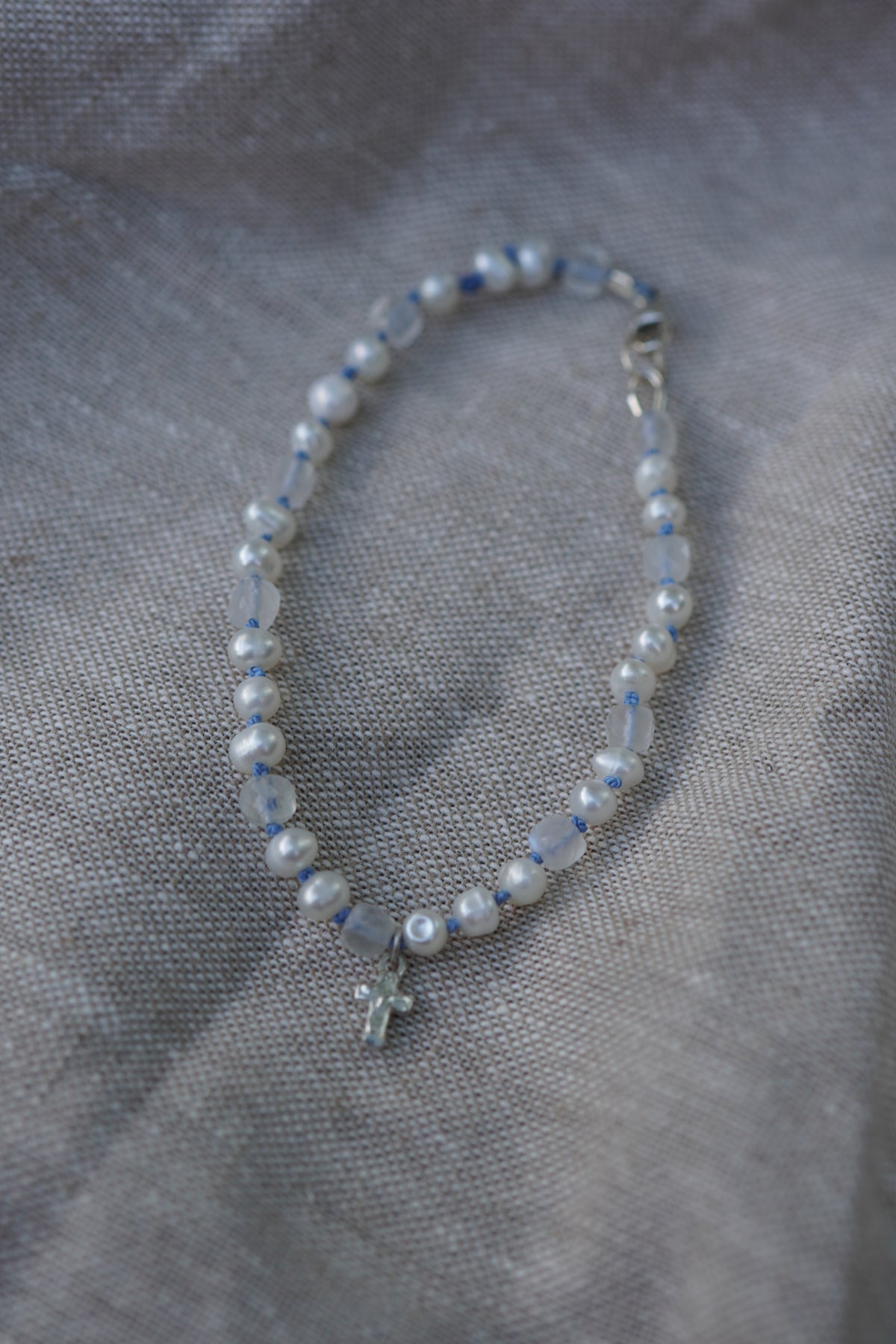 Carry the Cross Bracelet - No. 7 Pearl, Moonstone, Periwinkle Silk, Sterling Silver 6.75 Inches