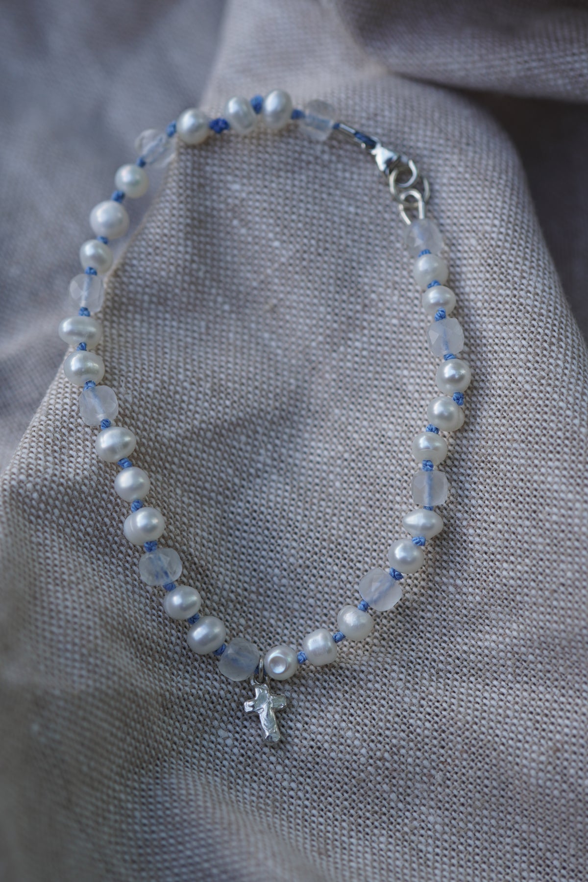 Carry the Cross Bracelet - No. 7 Pearl, Moonstone, Periwinkle Silk, Sterling Silver 6.75 Inches