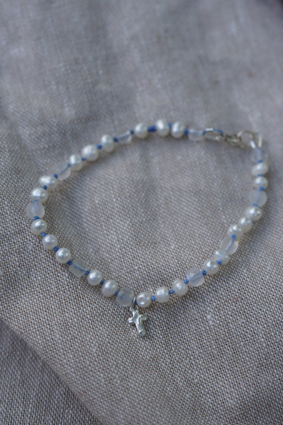 Carry the Cross Bracelet - No. 7 Pearl, Moonstone, Periwinkle Silk, Sterling Silver 6.75 Inches