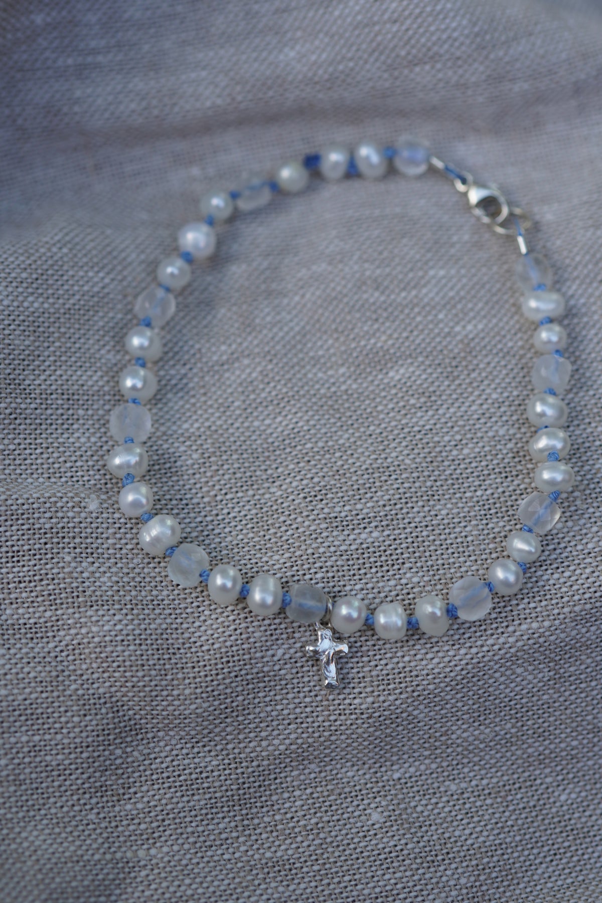 Carry the Cross Bracelet - No. 7 Pearl, Moonstone, Periwinkle Silk, Sterling Silver 6.75 Inches