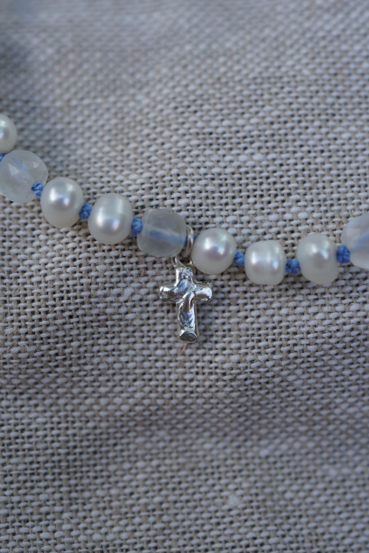 Carry the Cross Bracelet - No. 7 Pearl, Moonstone, Periwinkle Silk, Sterling Silver 6.75 Inches