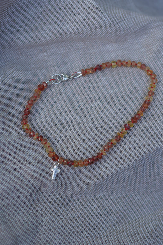Carry the Cross Bracelet - No. 5 Yellow Sapphire, Red Silk, Sterling Silver 7 Inches