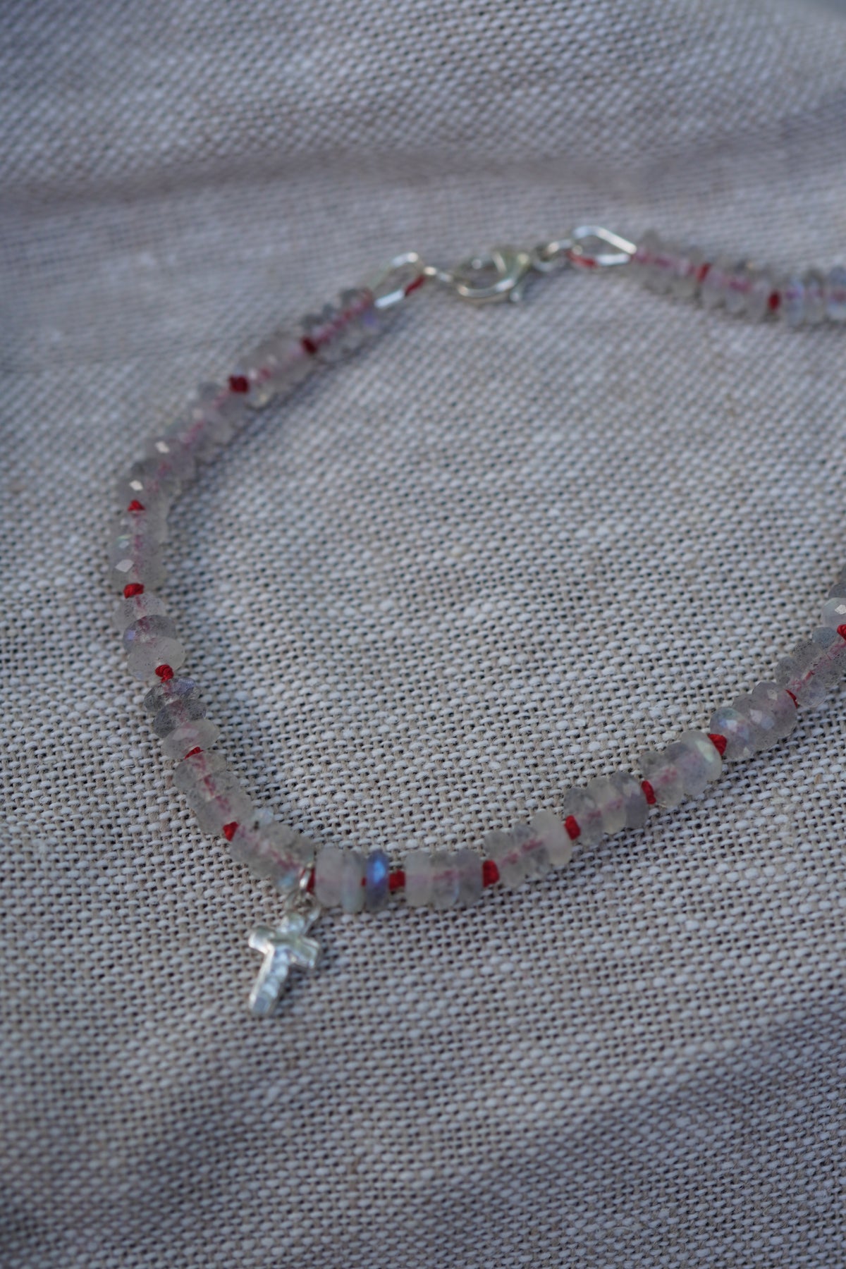 Carry the Cross Bracelet - No. 8 Labradorite, Red Silk, Sterling Silver 6.25 inches (XS)