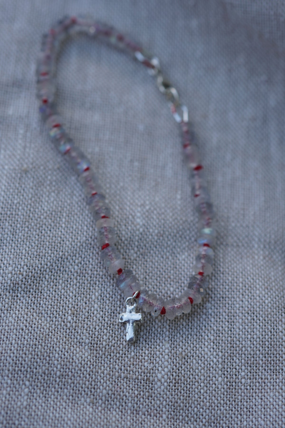 Carry the Cross Bracelet - No. 8 Labradorite, Red Silk, Sterling Silver 6.25 inches (XS)