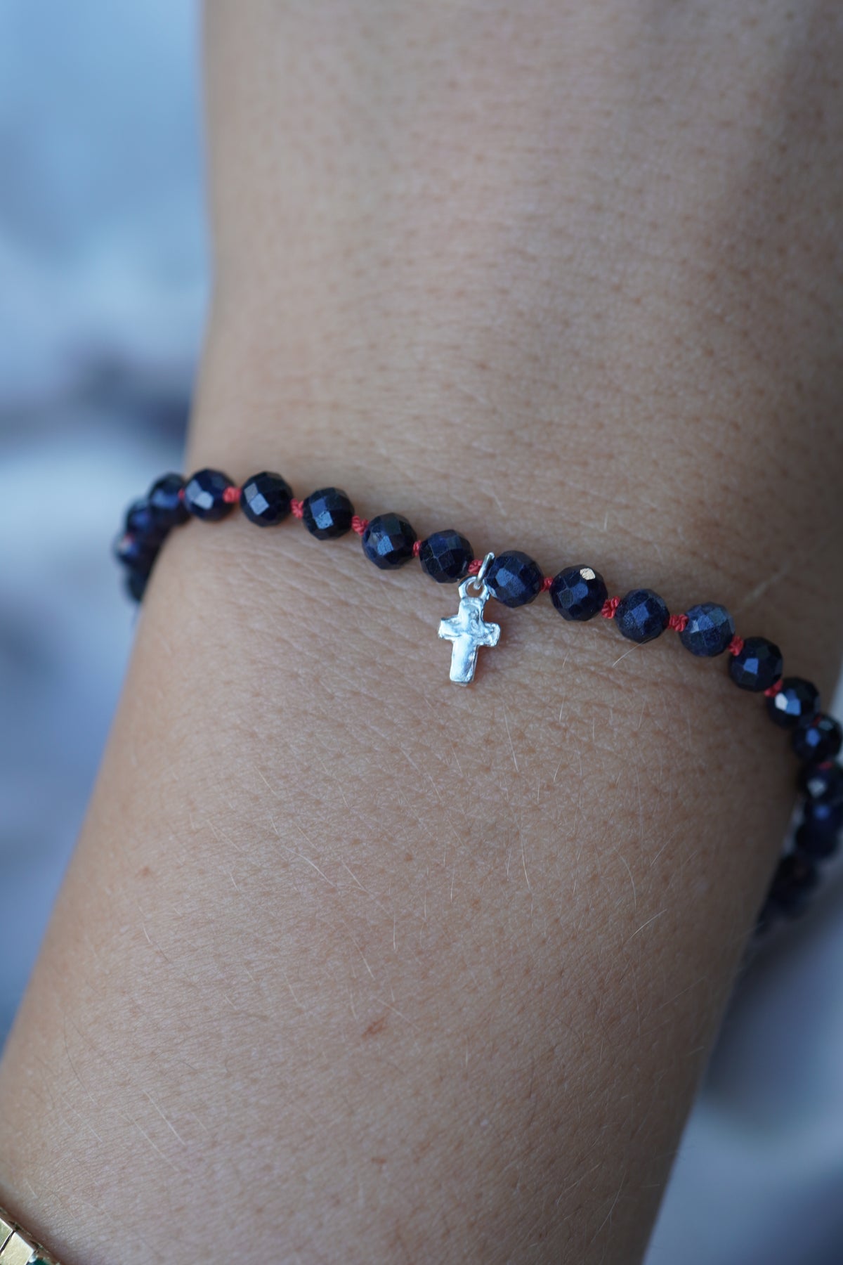 Carry the Cross Bracelet - No. 6 Blue Sapphire, Coral Silk, Sterling Silver 7.5 inches