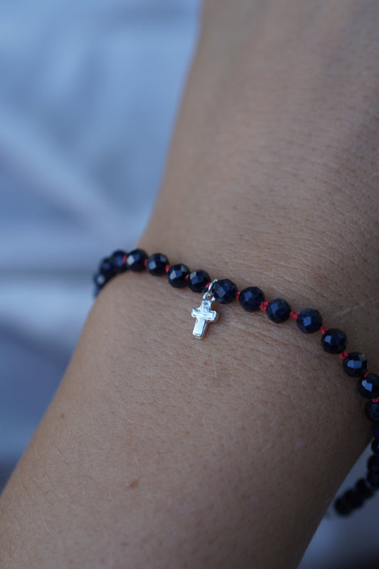 Carry the Cross Bracelet - No. 6 Blue Sapphire, Coral Silk, Sterling Silver 7.5 inches