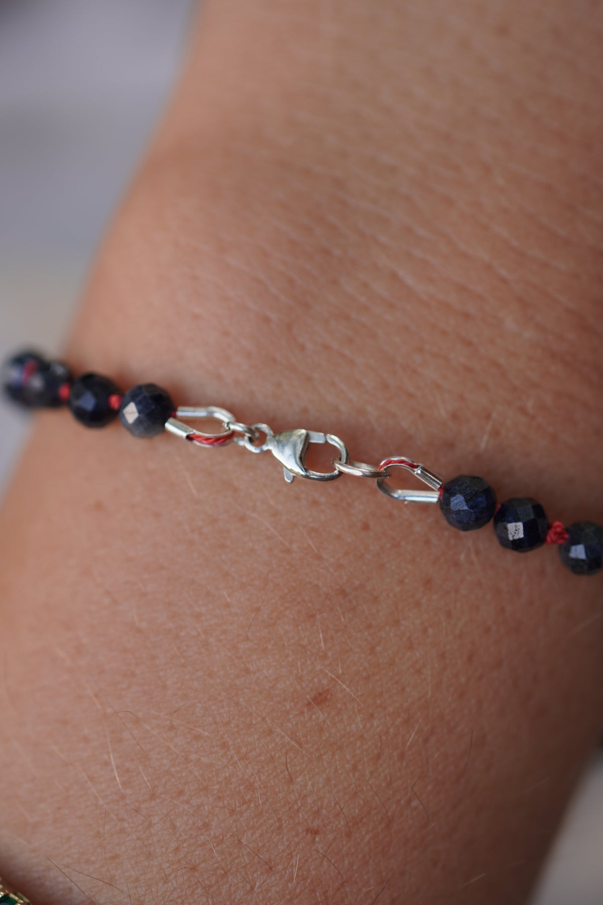Carry the Cross Bracelet - No. 6 Blue Sapphire, Coral Silk, Sterling Silver 7.5 inches