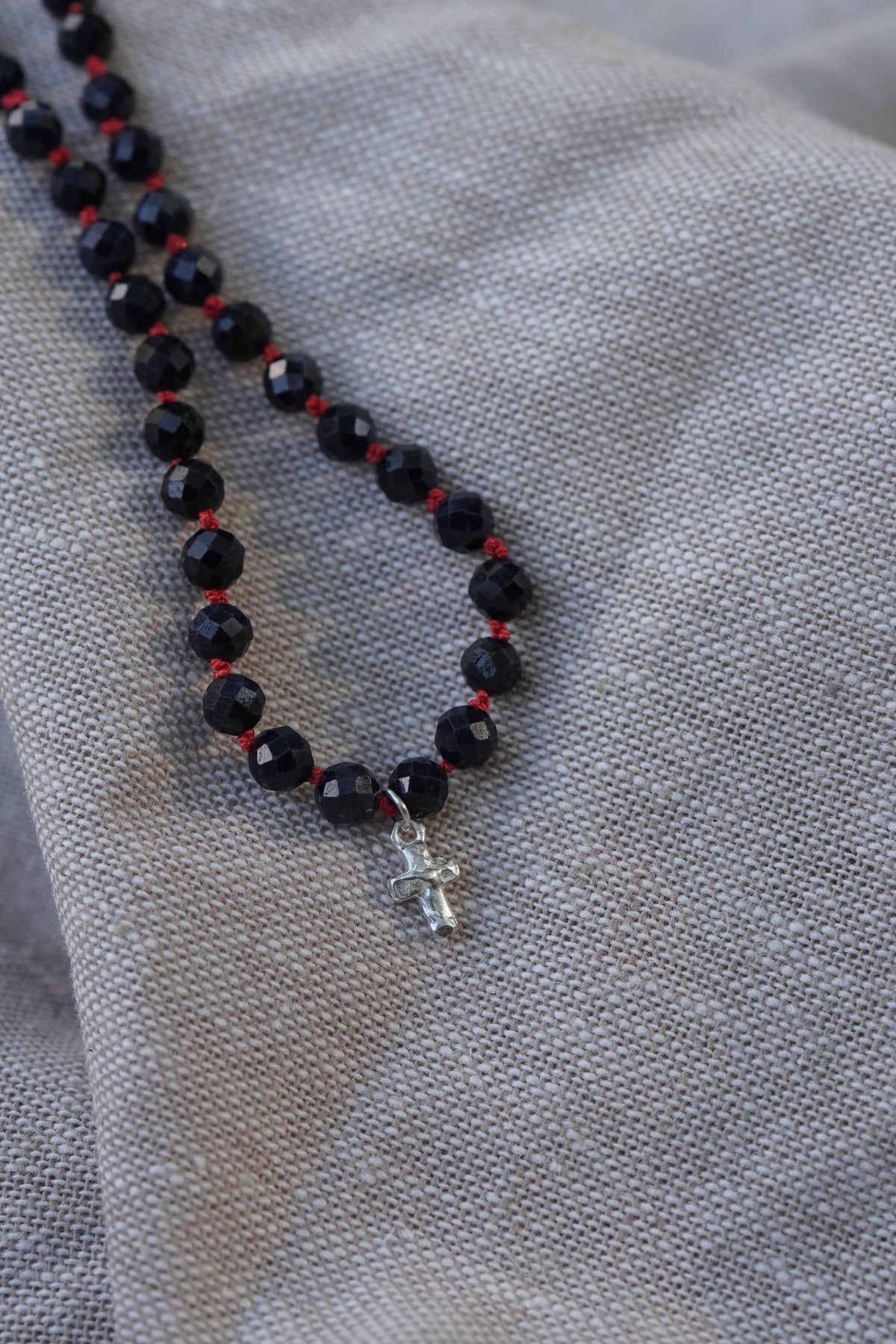 Carry the Cross Bracelet - No. 6 Blue Sapphire, Coral Silk, Sterling Silver 7.5 inches