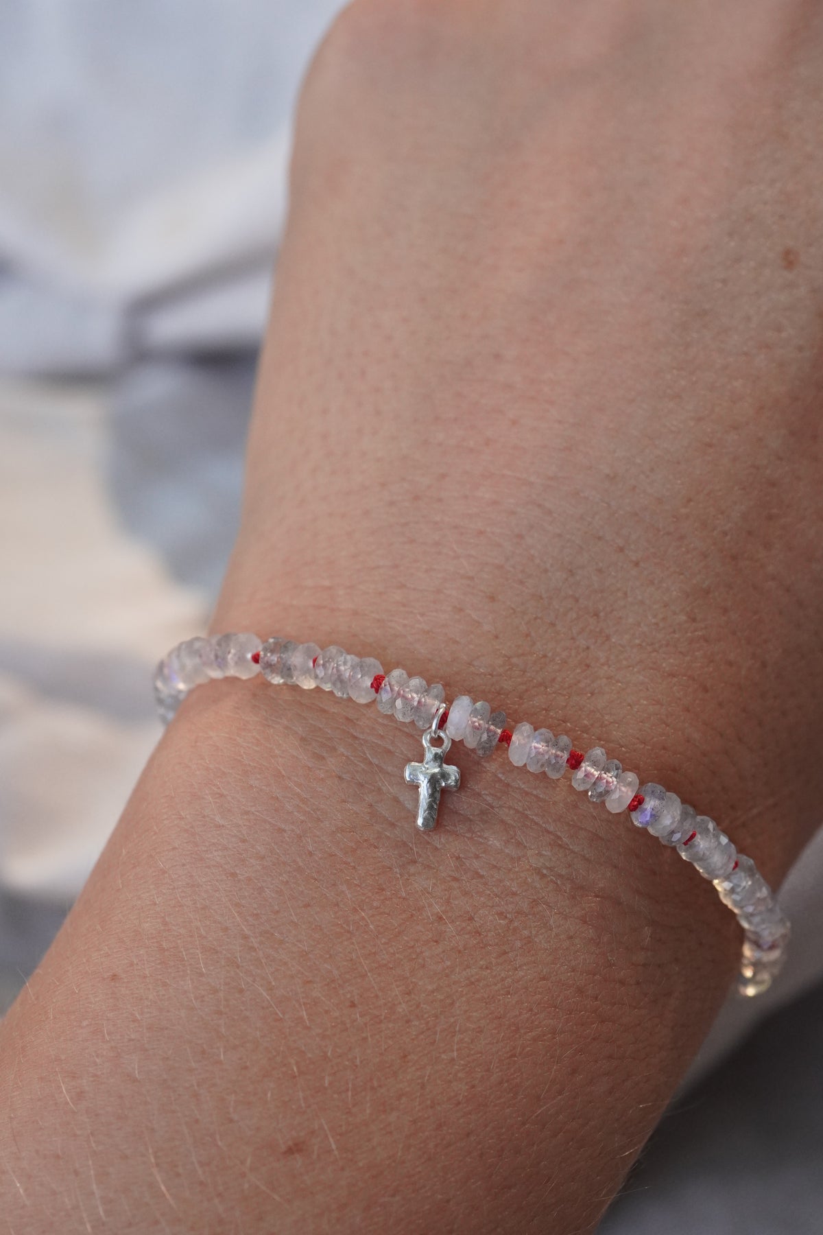 Carry the Cross Bracelet - No. 8 Labradorite, Red Silk, Sterling Silver 6.25 inches (XS)