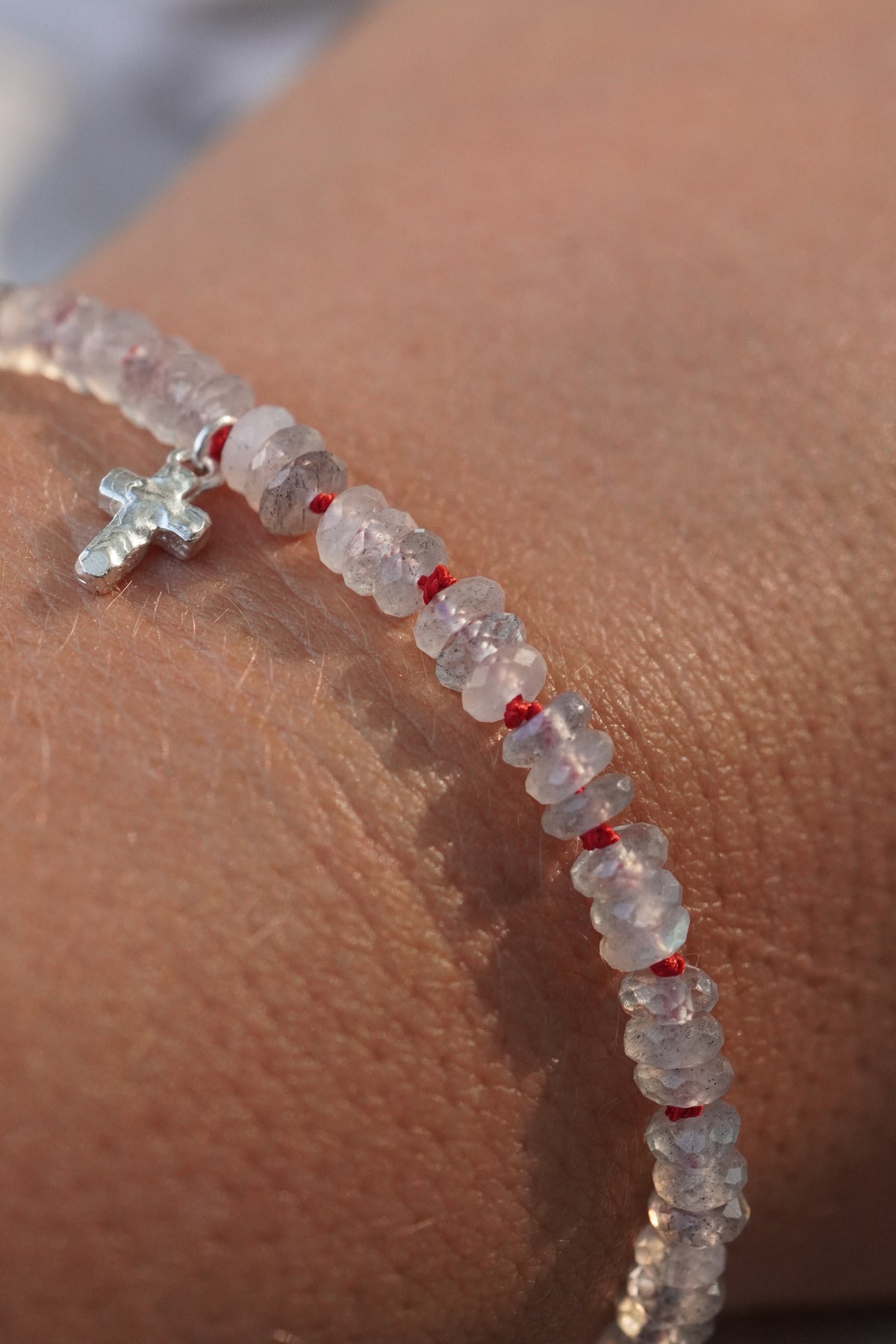 Carry the Cross Bracelet - No. 8 Labradorite, Red Silk, Sterling Silver 6.25 inches (XS)