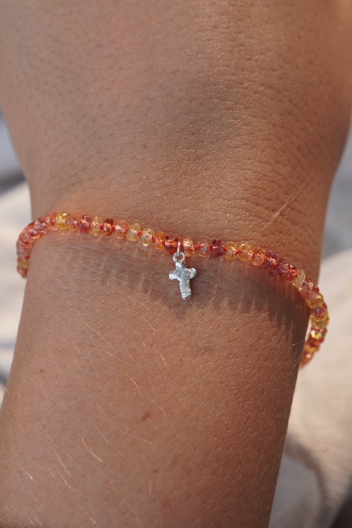 Carry the Cross Bracelet - No. 5 Yellow Sapphire, Red Silk, Sterling Silver 7 Inches