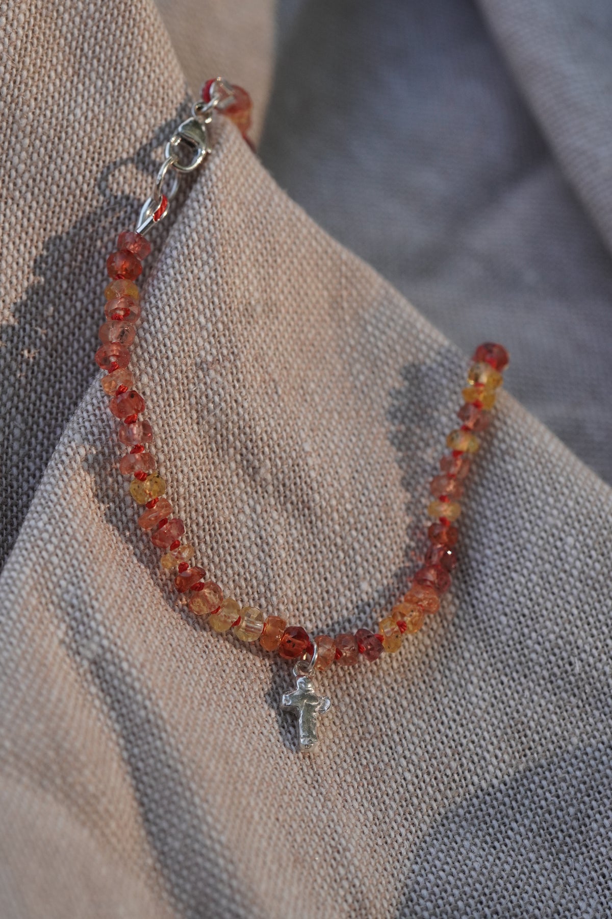 Carry the Cross Bracelet - No. 5 Yellow Sapphire, Red Silk, Sterling Silver 7 Inches