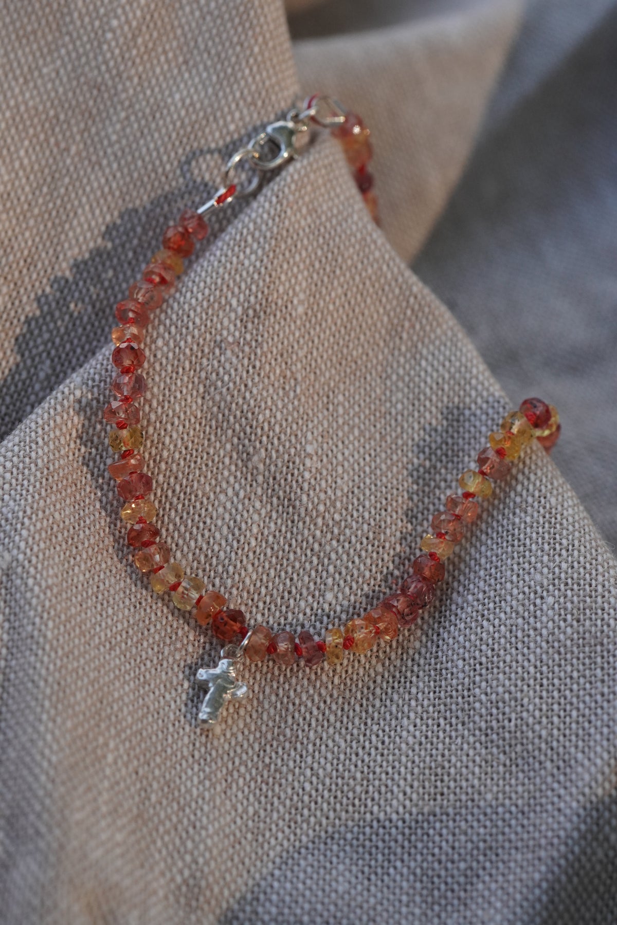Carry the Cross Bracelet - No. 5 Yellow Sapphire, Red Silk, Sterling Silver 7 Inches