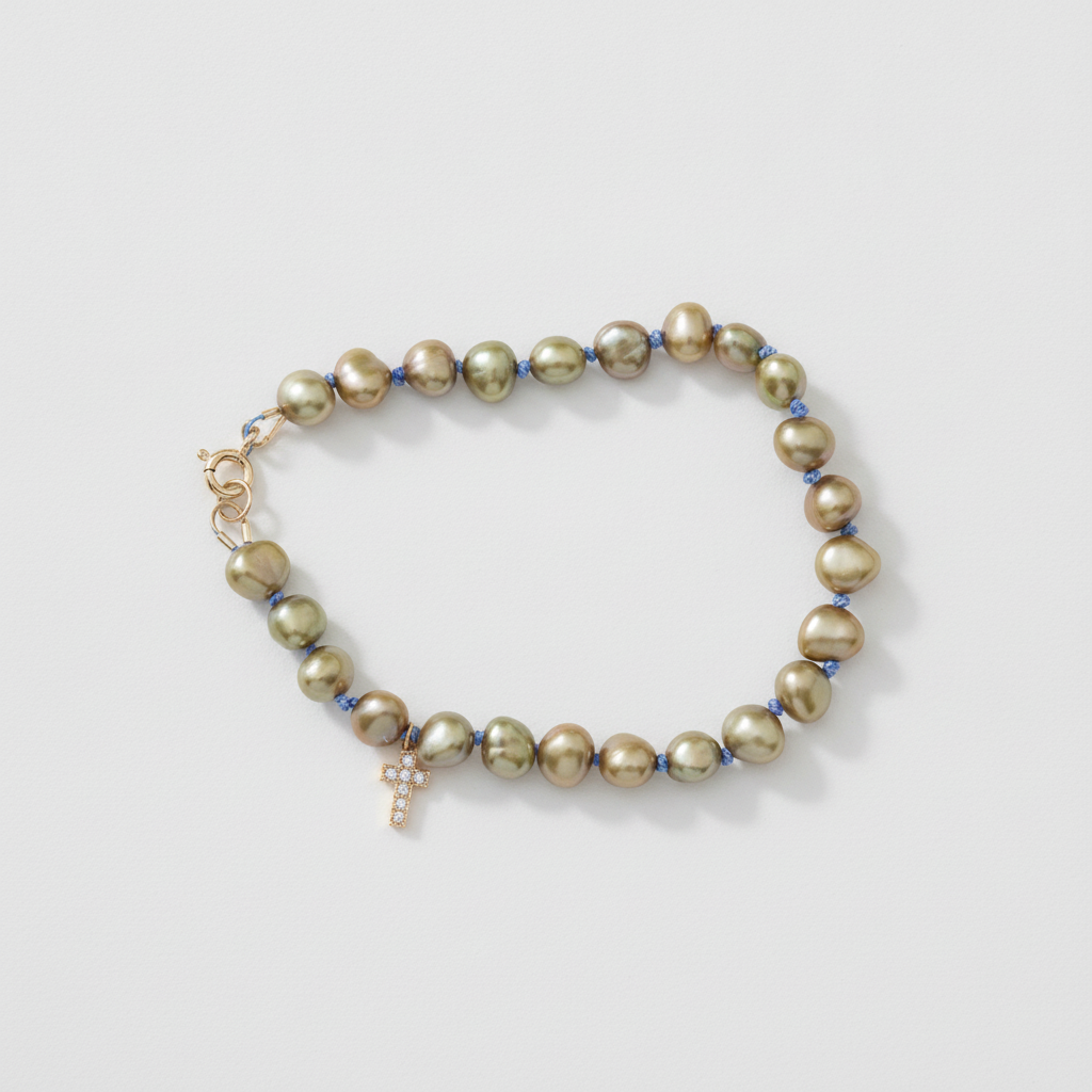 White Background Green pearl bracelet with blue silk knots