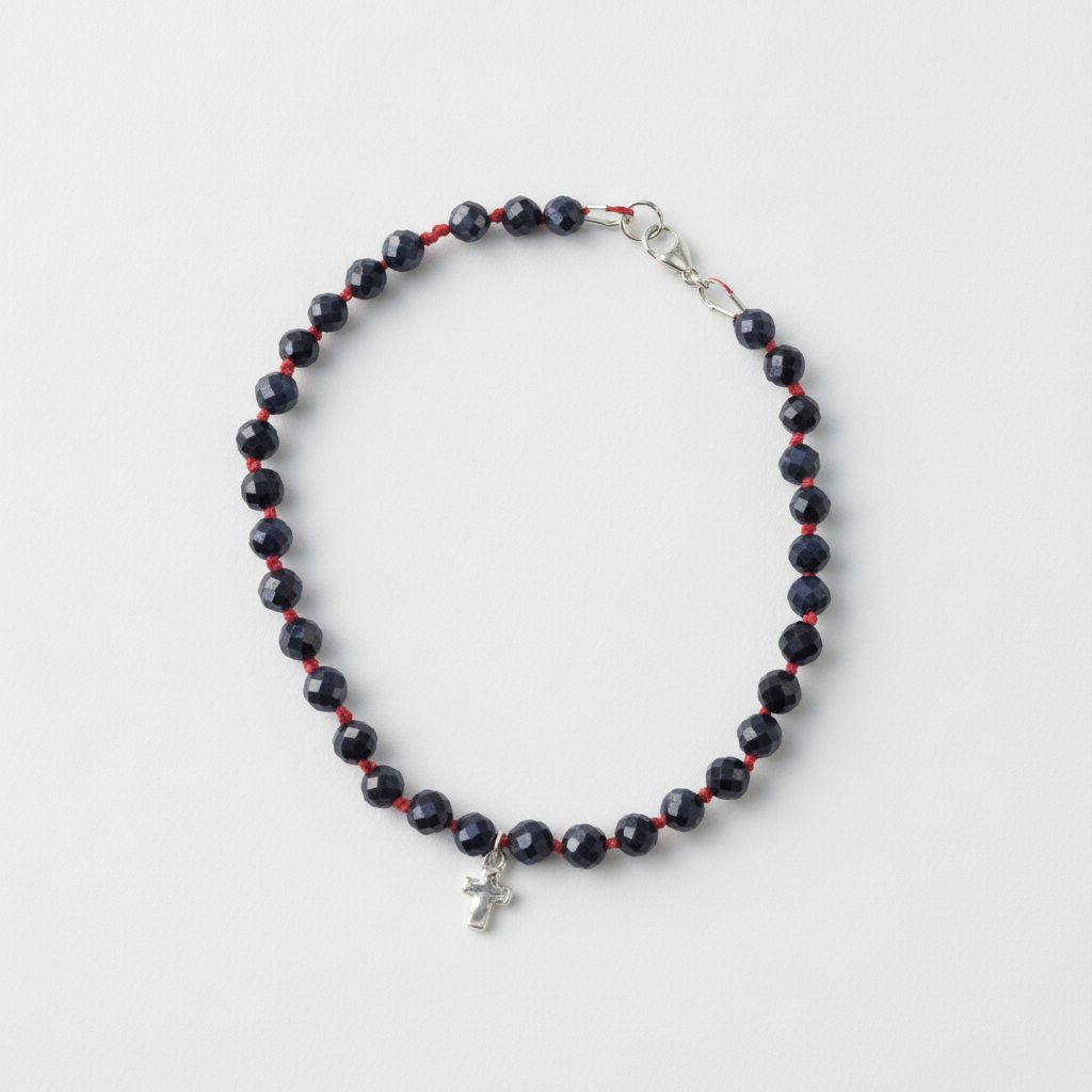 Carry the Cross Bracelet - No. 6 Blue Sapphire, Coral Silk, Sterling Silver 7.5 inches