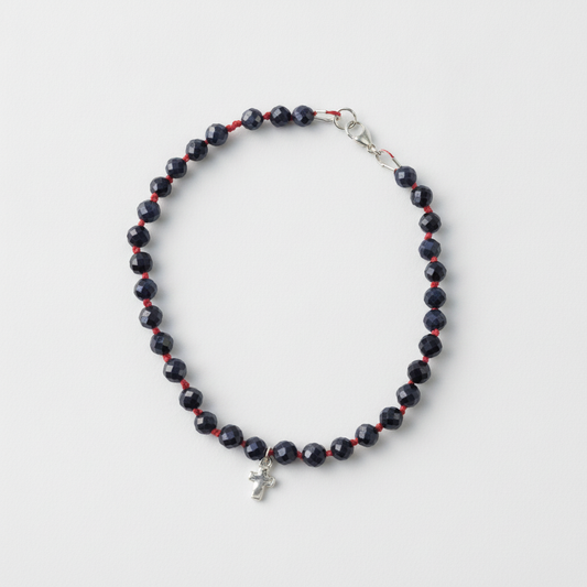 Carry the Cross Bracelet - No. 6 Blue Sapphire, Coral Silk, Sterling Silver 7.5 inches