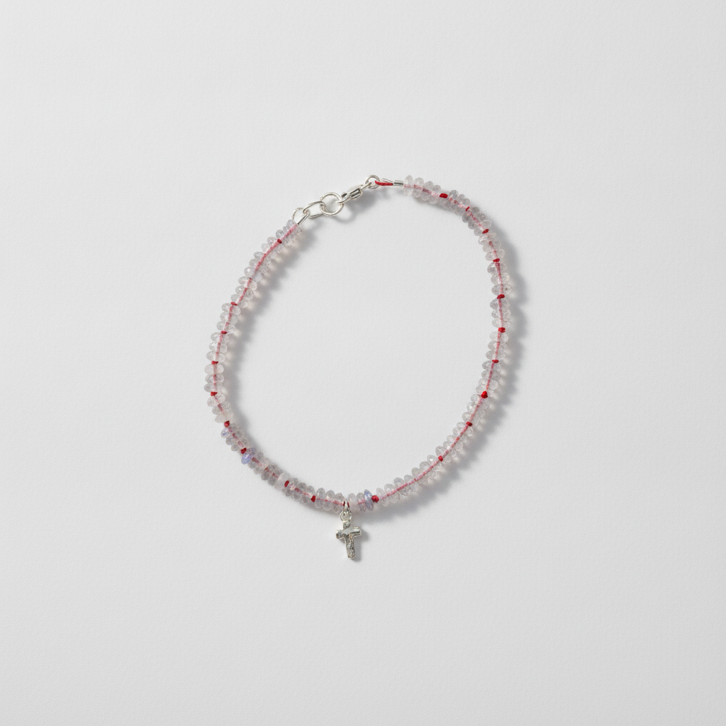 Carry the Cross Bracelet - No. 8 Labradorite, Red Silk, Sterling Silver 6.25 inches (XS)