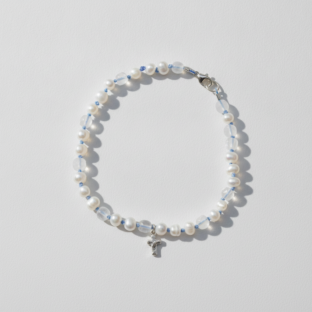 Carry the Cross Bracelet - No. 7 Pearl, Moonstone, Periwinkle Silk, Sterling Silver 6.75 Inches