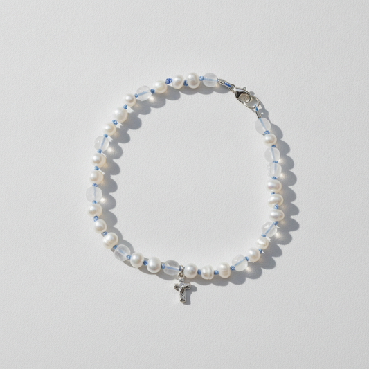 Carry the Cross Bracelet - No. 7 Pearl, Moonstone, Periwinkle Silk, Sterling Silver 6.75 Inches
