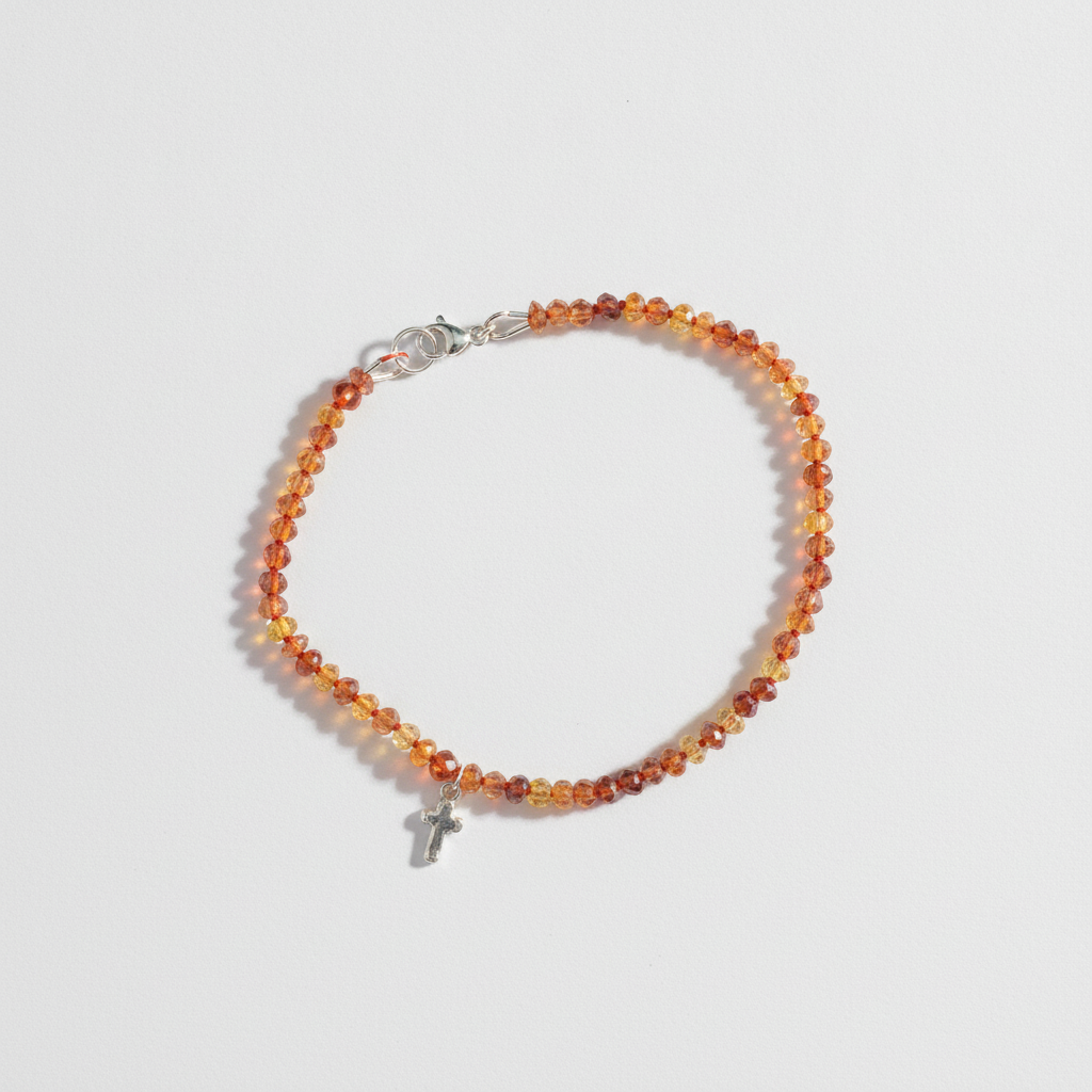 Carry the Cross Bracelet - No. 5 Yellow Sapphire, Red Silk, Sterling Silver 7 Inches